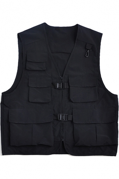 Mens Vest Fashionable Solid Color Buckle Detail Flap Pockets Zipper down Regular Fit Sleeveless Work Vest