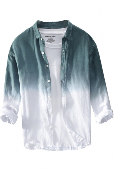 Novelty Mens Shirt Ombre Color Linen Button up Spread Collar Long Sleeve Regular Fit Shirt