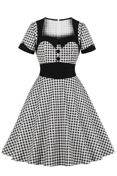 Novelty Womens Dress Contrast Trim Plaid Pattern Button Decoration Square Neck Short Sleeve A-Line Slim Fitted Midi Swing Dress