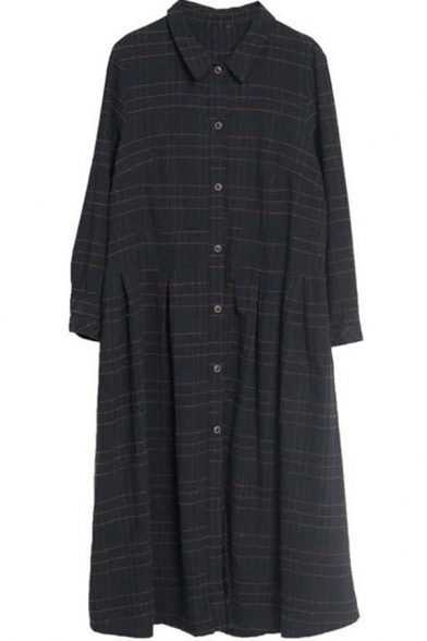 Popular Shirt Dress Plaid Pattern Button-down Turn-down Collar Long Sleeves Regular Fitted Shirt Dress for Women