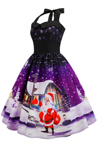 Retro Womens Dress Father Christmas House Snowman Tree Snowflake Pattern Midi A-Line Slim Fit Tie-Halter Sweetheart Neck Sleeveless Swing Dress