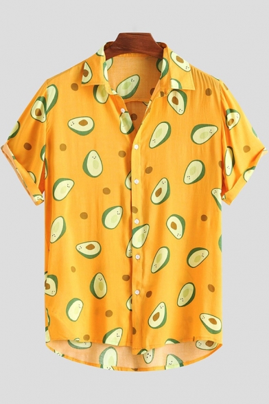 Summer Short Sleeve Allover Avocado Printed Chest Pocket Front Loose Button Shirt
