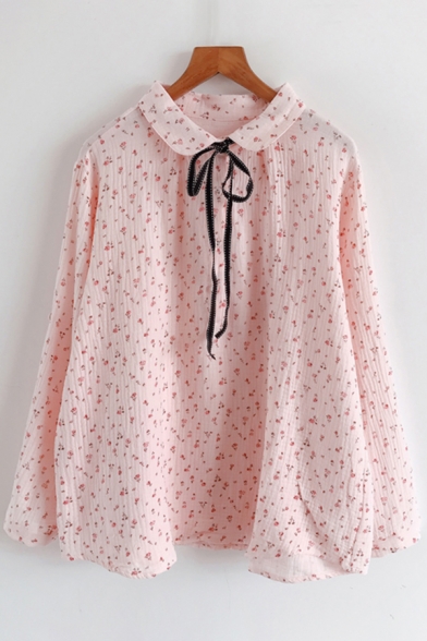 Unique Womens Shirt Ditsy Floral Print Tie Detail Button up Doll Collar Long Sleeve Loose Fit Shirt