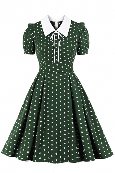 Vintage Womens Dress Polka Dot Print Tie Detail Waist-Controlled Short Puff Sleeve Midi A-Line Slim Fitted Turn-down Collar Swing Dress