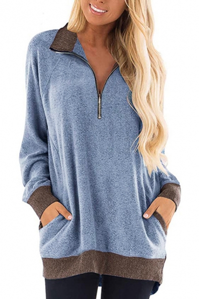 Winter Thick Sweatshirt Space Dye Printed Contrast Trim Side Pockets Half Zip Long Sleeves Sweatshirt for Women