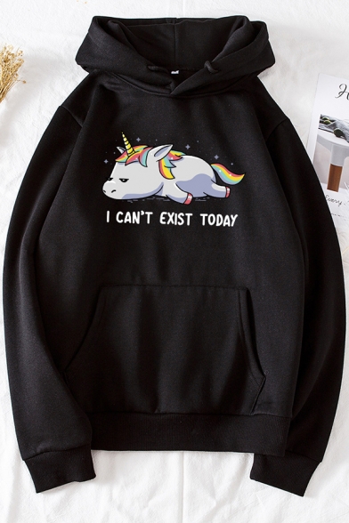 Womens Hoodie Creative Unicorn Letter I Can't Exist Today Pattern Kangaroo Pocket Drawstring Long Sleeve Relaxed Fitted Hooded Sweatshirt