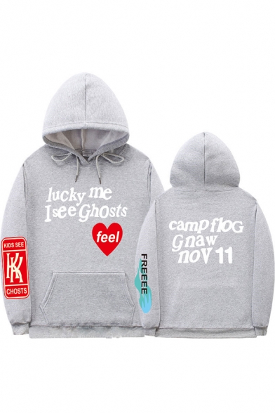 Vintage Mens Hoodie Heart Letter Lucky Me I See Ghosts Print Kangaroo Pocket Drawstring Long Sleeve Relaxed Fitted Hoodie