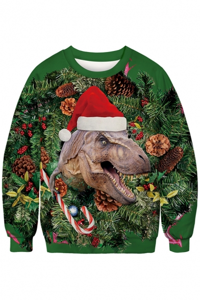 3D Green Christmas Dinosaur Pattern Round Neck Long Sleeve Unisex Sweatshirt