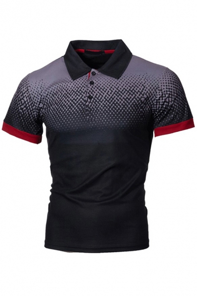 Basic Mens Polo Shirt Ombre Color 3D Abstract Pattern Turn-down Collar Button Detail Short Sleeve Slim Fit Polo Shirt