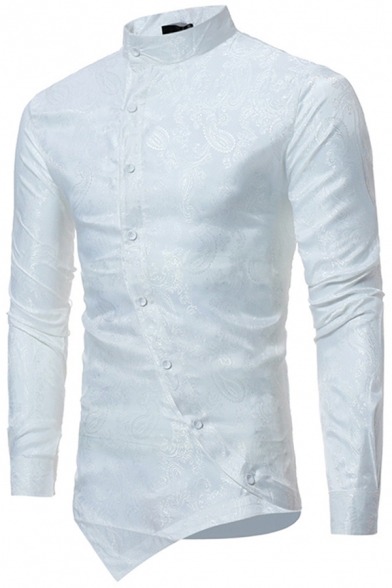 Basic Mens T-Shirt Paisley-Jacquard Asymmetric Hem Oblique Button Stand Collar Tunic Long Sleeve Slim Fitted T-Shirt
