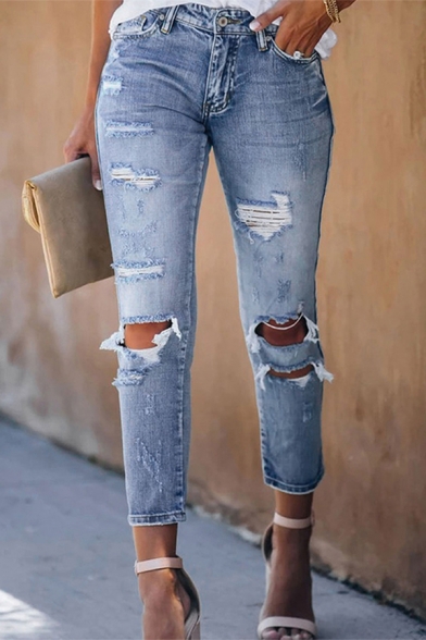 Basic Street Women Mid Rise Bleach Destroyed Cropped Leg Fitted Straight Jeans in Light Blue