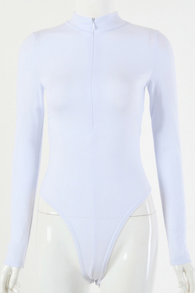 Classic Womens Bodysuit Solid Color Invisible Zipper Front Purified Cotton Stand Collar Slim Fitted Long Sleeve Bodysuit