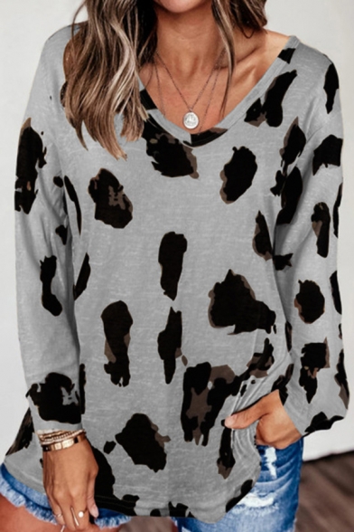 Leisure Women's T-Shirt All over Leopard Printed V Neck Long Sleeve Loose Fit Tee Top