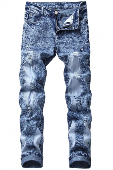 Men's Hot Fashion Snow Washed Blue Stretched Slim Fit Jeans