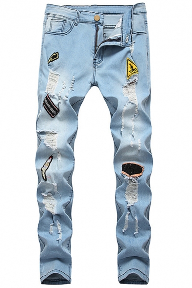 Men's Stylish Light Blue Patched Distressed Holey Slim Fit Denim Jeans