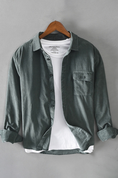 Mens Shirt Creative Plain Cord Chest Pocket Button down Long Sleeve Turn-down Collar Regular Fit Shirt