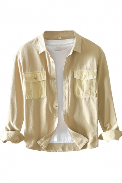 Mens Shirt Fashionable Flap Chest Pockets Button up Spread Collar Long Sleeve Regular Fit Cargo Shirt