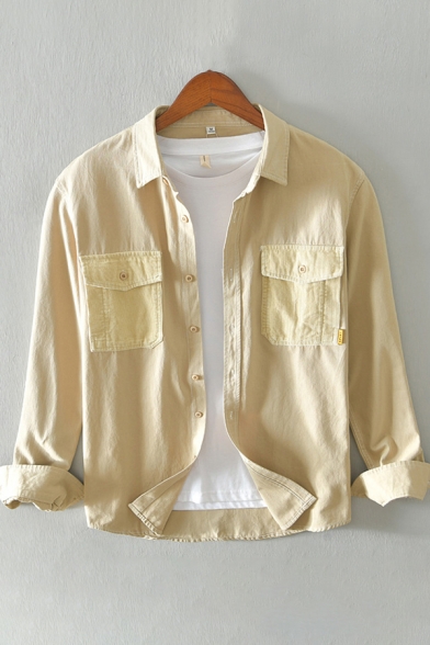 Mens Shirt Fashionable Flap Chest Pockets Button up Spread Collar Long Sleeve Regular Fit Cargo Shirt