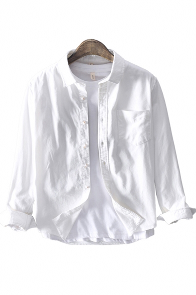 Mens Shirt Trendy Plain Corduroy Spread Collar Button Detail Regular Fit Long Sleeve Shirt Jacket with Chest Pocket