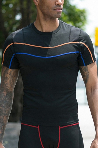 Mens T-Shirt Stylish Contrast Panel Topstitching Reflective Short Sleeve Round Neck Skinny Fitted Quick-Dry Tee Top