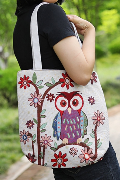National Style Unique Floral Owl Pattern Beige Canvas Shoulder Tote Bag 35*10*38 CM