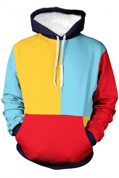 Retro Mens Hoodie Color Block Drawstring Kangaroo Pocket Loose Fit Long Sleeve Hooded Sweatshirt