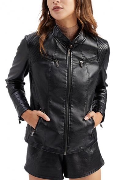 Retro Womens Jacket Plain Panel Zipper down Slim Fit Long Sleeve Stand Collar Leather Jacket