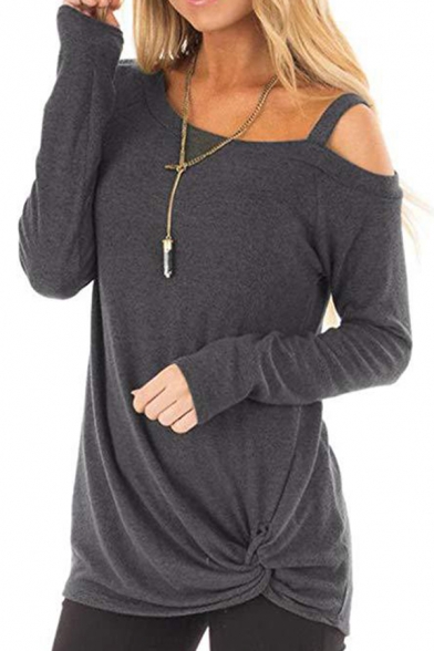 Sexy Women's T-Shirt Solid Color Cold Shoulder Front Twist Detail Long Sleeves Fitted Tee Top