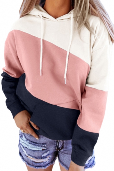 Stylish Hoodie Drawstring Color Block Front Pocket Long Sleeve Regular Fitted Hooded Sweatshirt