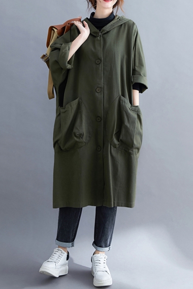 Trendy Girls Windbreaker Jacket Plain Pocket Button-down Full Sleeve Hooded Knee-Long Loose Coat