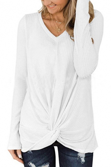 Trendy Women's Sweater Solid Color Front Twist Detail V Neck Long Sleeves Regular Fit Knitted Sweater