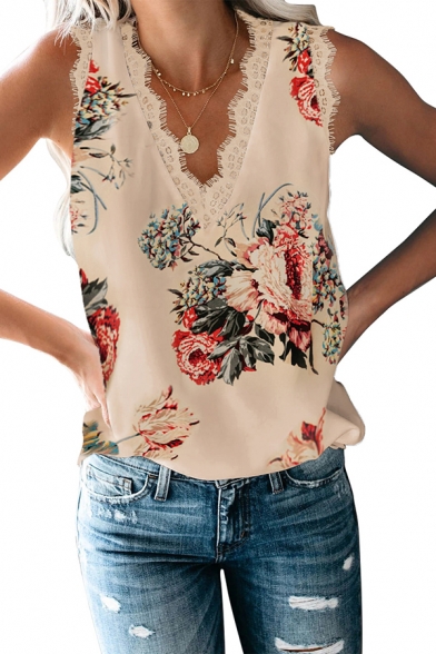 Vintage Tank Top Solid Color Lace Trims All over Floral Printed V Neck Relaxed Fitted Cami Top for Women
