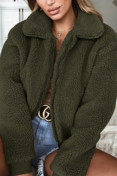 Winter Thick Women's Jacket Fleece Fur Solid Color Peter Pan Collar Zip-Fly Regular Fit Casual Jacket