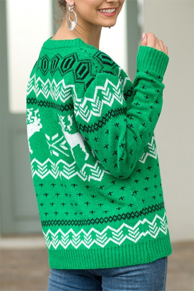 Womens Funny Green Christmas Tree Printed Crew Neck Long Sleeve Knitted Sweater in Loose Fit