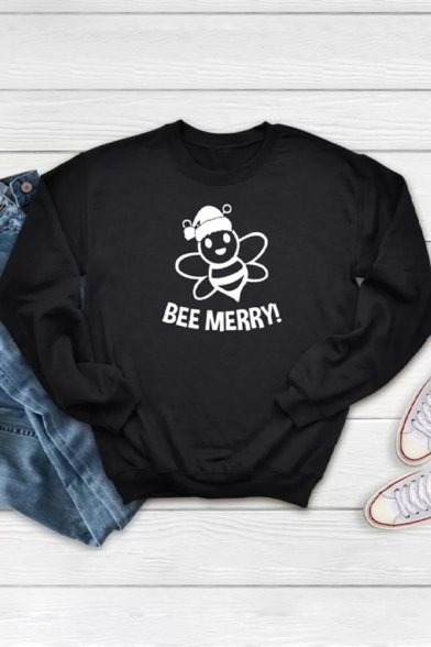Womens Pullover Sweatshirt Creative Letter Bee Merry Print Loose Fit Long Sleeve Crew Neck Graphic Pullover Sweatshirt