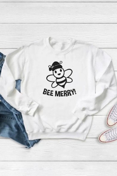 Womens Pullover Sweatshirt Creative Letter Bee Merry Print Loose Fit Long Sleeve Crew Neck Graphic Pullover Sweatshirt