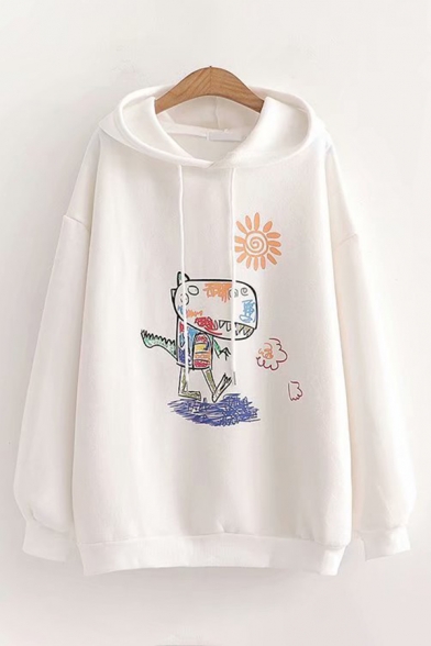 Classic Womens Hoodie Doodle Cartoon Dinosaur Sun Pattern Drawstring Long Sleeve Relaxed Fitted Hoodie