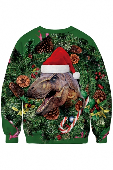 3D Green Christmas Dinosaur Pattern Round Neck Long Sleeve Unisex Sweatshirt