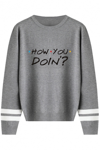 Casual HOW YOU DOIN Letter Stripe Long Sleeve Round Neck Pullover Sweater