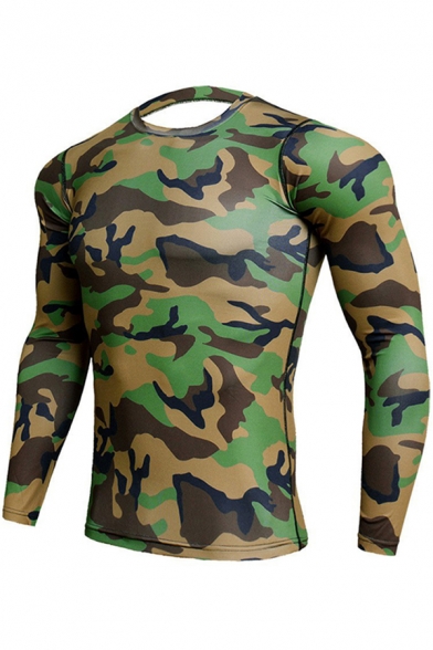Classic Mens T-Shirt Camouflage Sweat-Absorbing Crew Neck Long Sleeve Skinny Fitted Quick-Dry T-Shirt