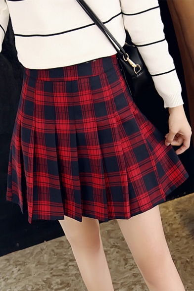 Cool Cute Female Plaid Print Buckle Belt Pleated High Waisted Red A-Line Short Skirt with Chain Bag