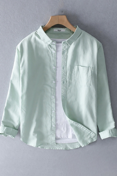 Cool Mens Shirt Plain Cotton Linen Button up Chest Pocket Point Collar Long Sleeve Regular Fit Shirt