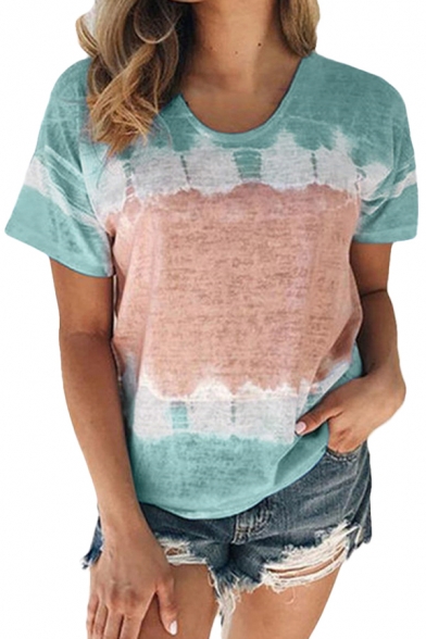 Cozy Women's T-Shirt Tie Dye Printed Round Neck Short Sleeves Regular Fitted Tee Top