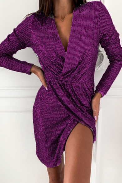 Elegant Dress Glitter Front Slit Sequined Solid Color Deep V Neck Long Sleeve Short Asymmetrical Dress for Women
