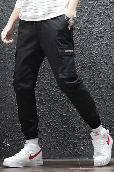 Men's Cool Fashion Zip Embellished Flap Pocket Side Simple Plain Black Trendy Casual Cargo Pants