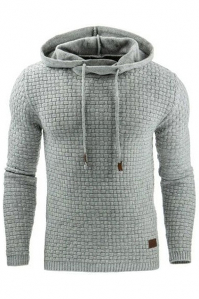 Mens Hoodie Simple Plain Lattice Pattern Drawstring Long Sleeve Slim Fit Hooded Sweatshirt