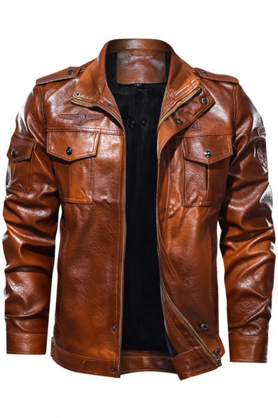 Mens Jacket Creative Ombre Color Chest Flap Pockets Epaulets Applique Zipper Detail Mock Neck Slim Fitted Long Sleeve Leather Jacket