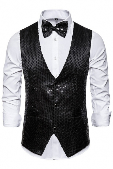 Mens Suit Vest Chic Sequin Decoration Button down Sleeveless Slim Fitted Costume Suit Vest