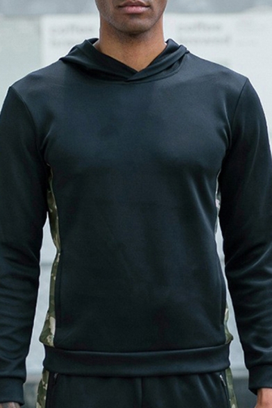 Mens Sweatshirt Creative Camo Panel Drawstring Long Sleeve Slim Fit Hooded Sweatshirt