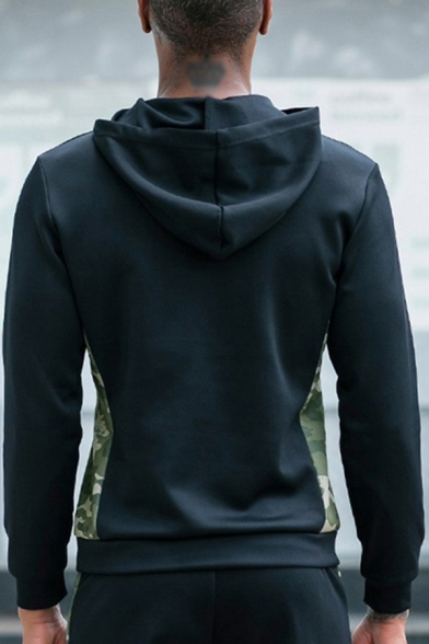 Mens Sweatshirt Creative Camo Panel Drawstring Long Sleeve Slim Fit Hooded Sweatshirt